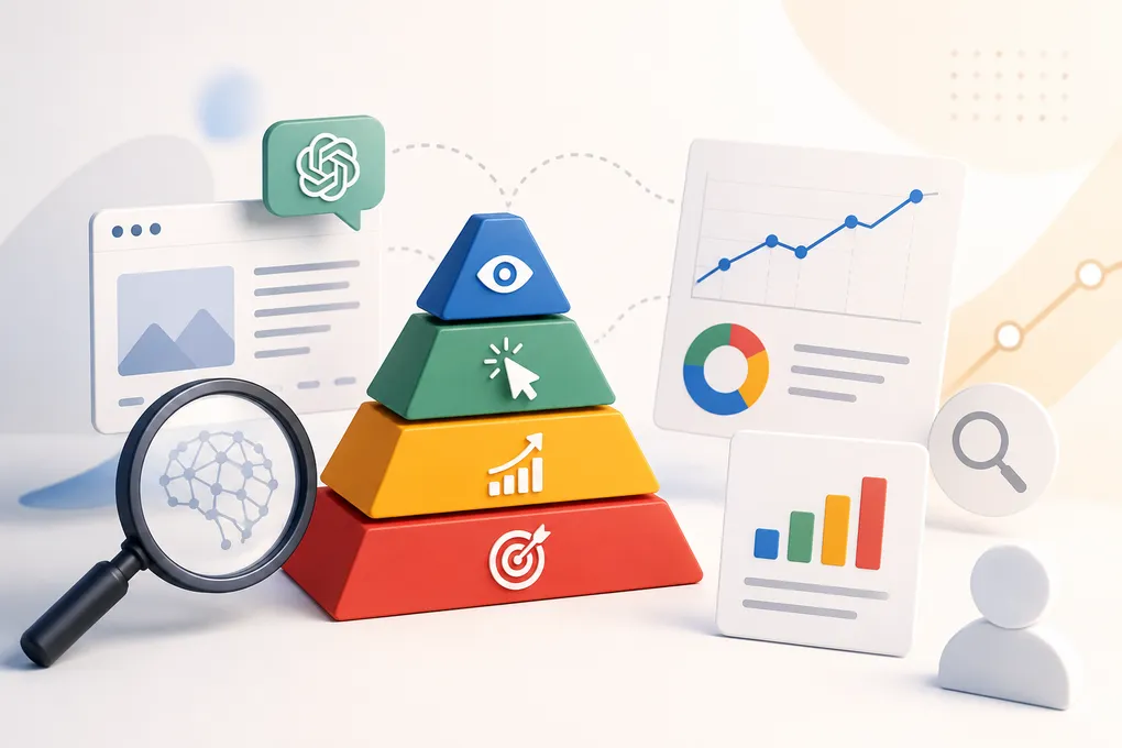 A four-tier pyramid with icons for visibility, clicks, growth and conversion, surrounded by a ChatGPT chat bubble, a magnifying glass over a neural network, and analytics charts.