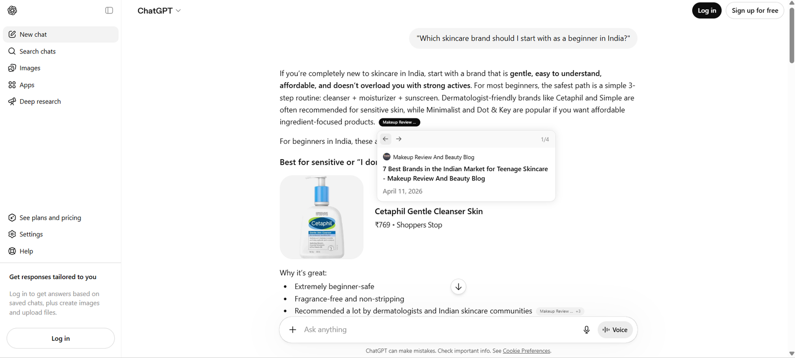 ChatGPT answering “Which skincare brand should I start with as a beginner in India?”, recommending Cetaphil Gentle Skin Cleanser with a citation to a beauty blog