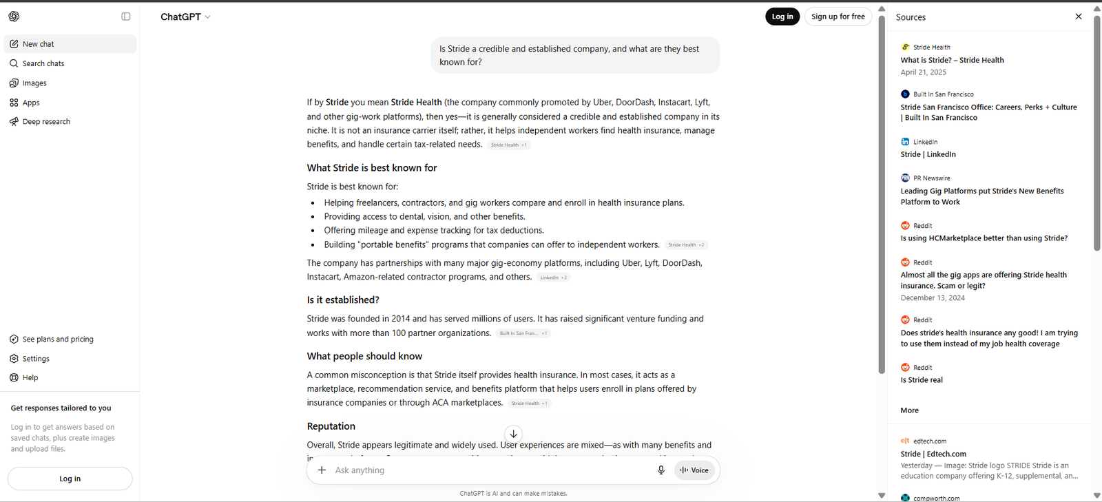 Screenshot of ChatGPT identifying a different company named Stride instead of stride.page when no descriptive qualifier is included in the prompt.