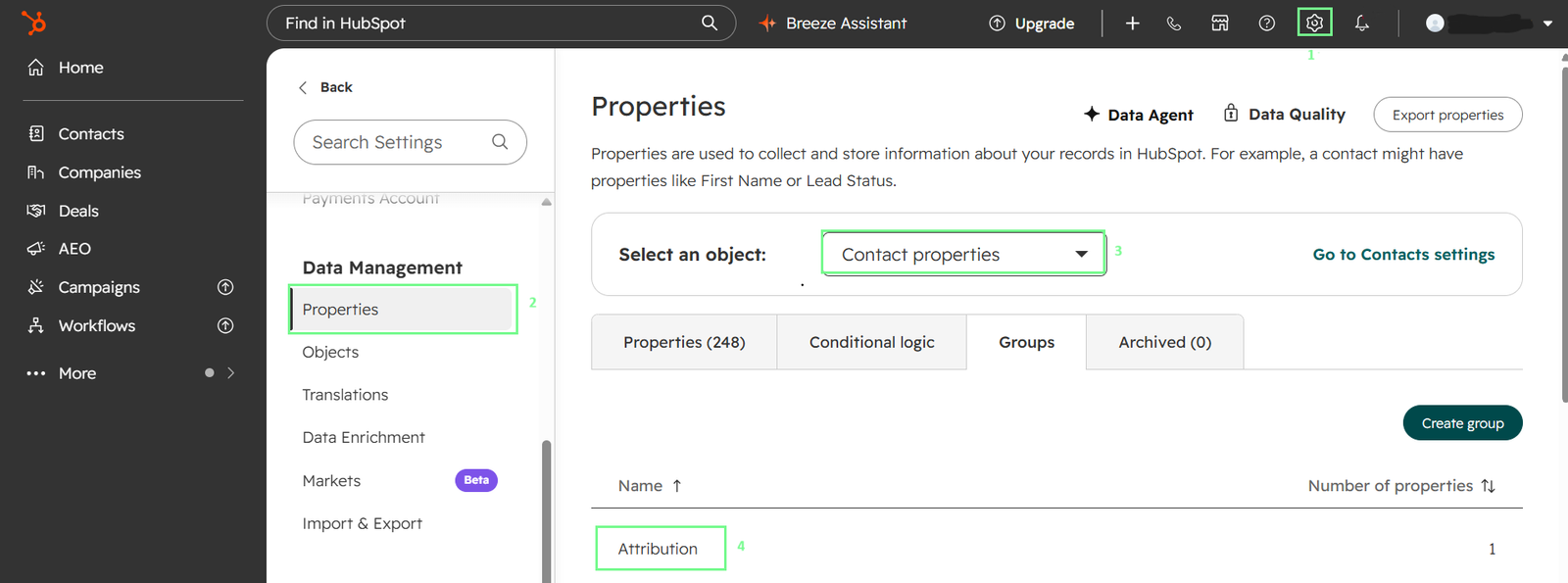 Screenshot of HubSpot Settings showing the Contact properties section with a new custom property being created called "First discovery source (Self-reported)" — a dropdown select field grouped under Attribution properties.