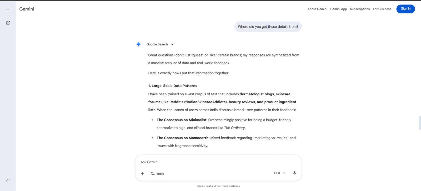 Google Gemini explaining its sources: skincare forums such as r/IndianSkincareAddicts, dermatologist blogs and reviews, with its consensus on Minimalist and Mamaearth