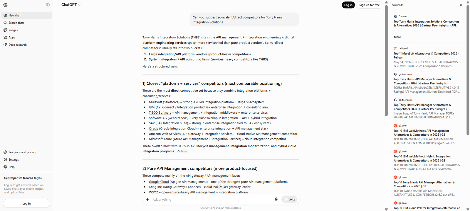 Screenshot of ChatGPT listing direct competitors for Torry Harris Integration Solutions, including MuleSoft, IBM, SAP, Oracle, AWS, Microsoft Azure, Google Apigee, Kong, and WSO2, illustrating a shift in AI positioning across prompts.