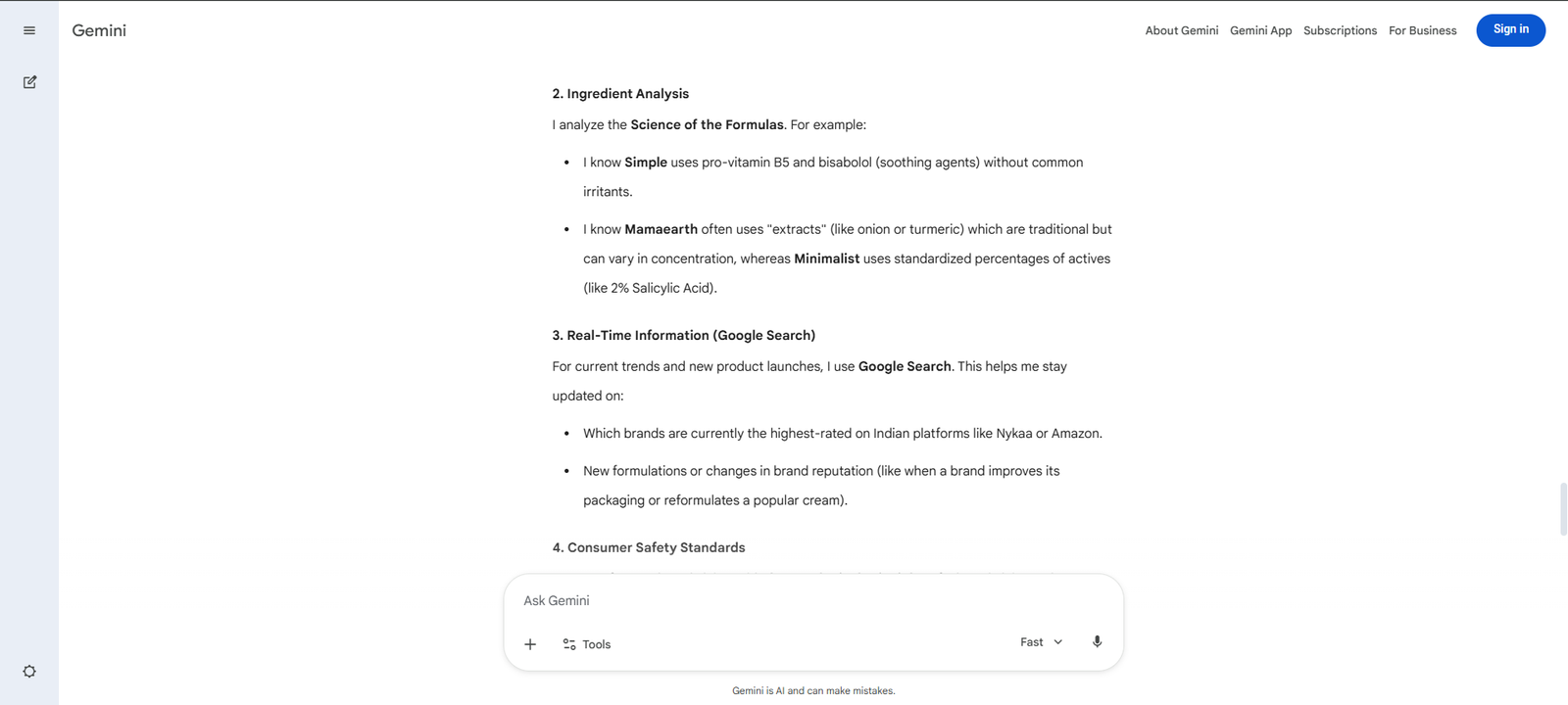Google Gemini describing its ingredient analysis of Simple, Mamaearth and Minimalist, and its use of Google Search for current product information