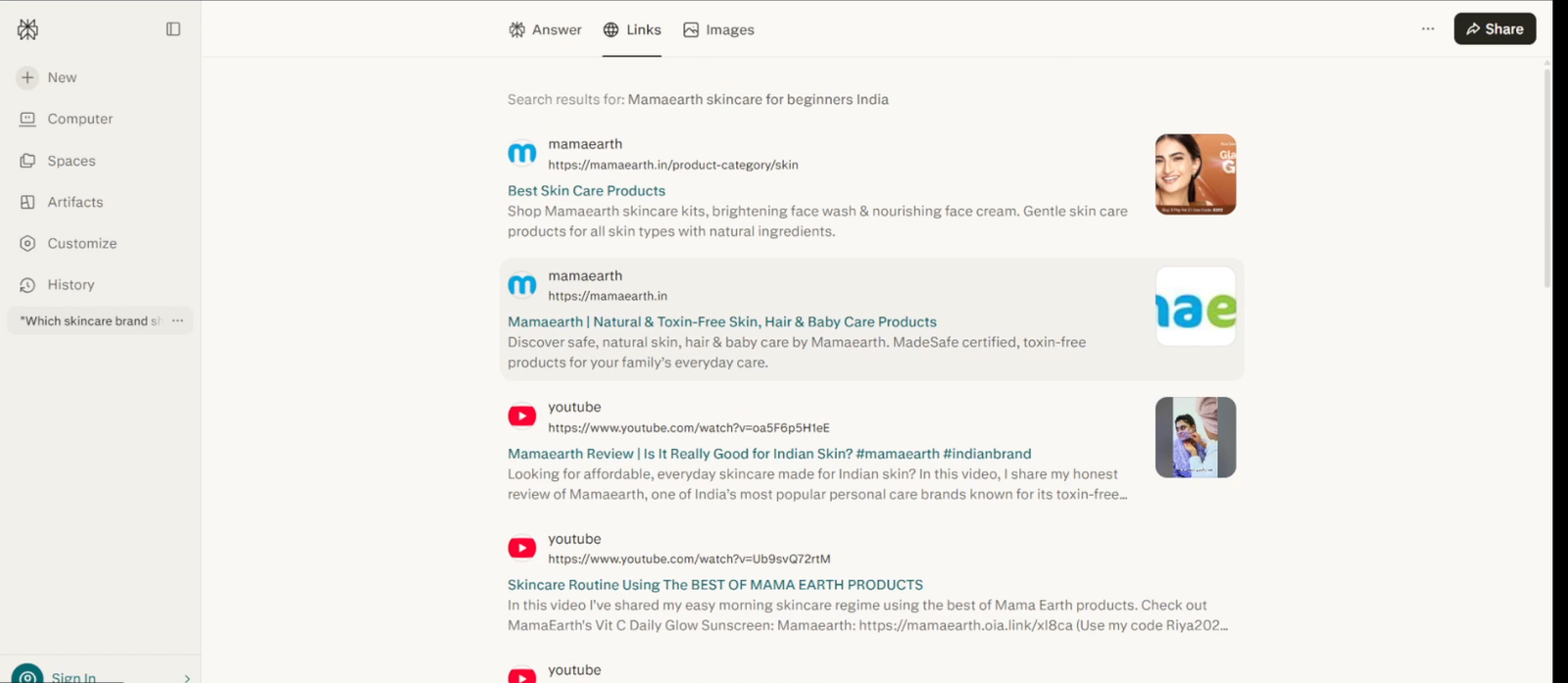 Perplexity Links tab for “Mamaearth skincare for beginners India”, listing Mamaearth’s website and YouTube reviews as sources