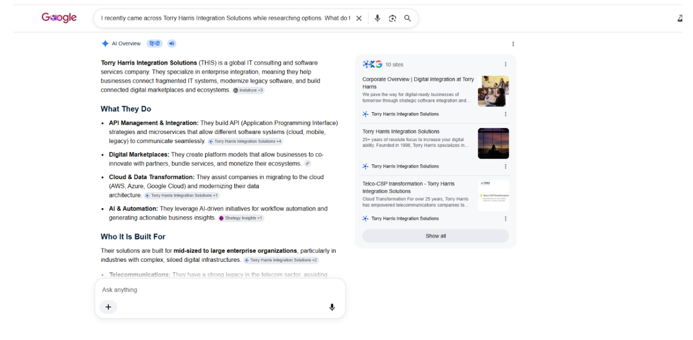Screenshot of Google's AI Overview describing Torry Harris Integration Solutions as an enterprise IT consulting and software services company, highlighting its API management, cloud transformation, digital marketplace, and AI capabilities.