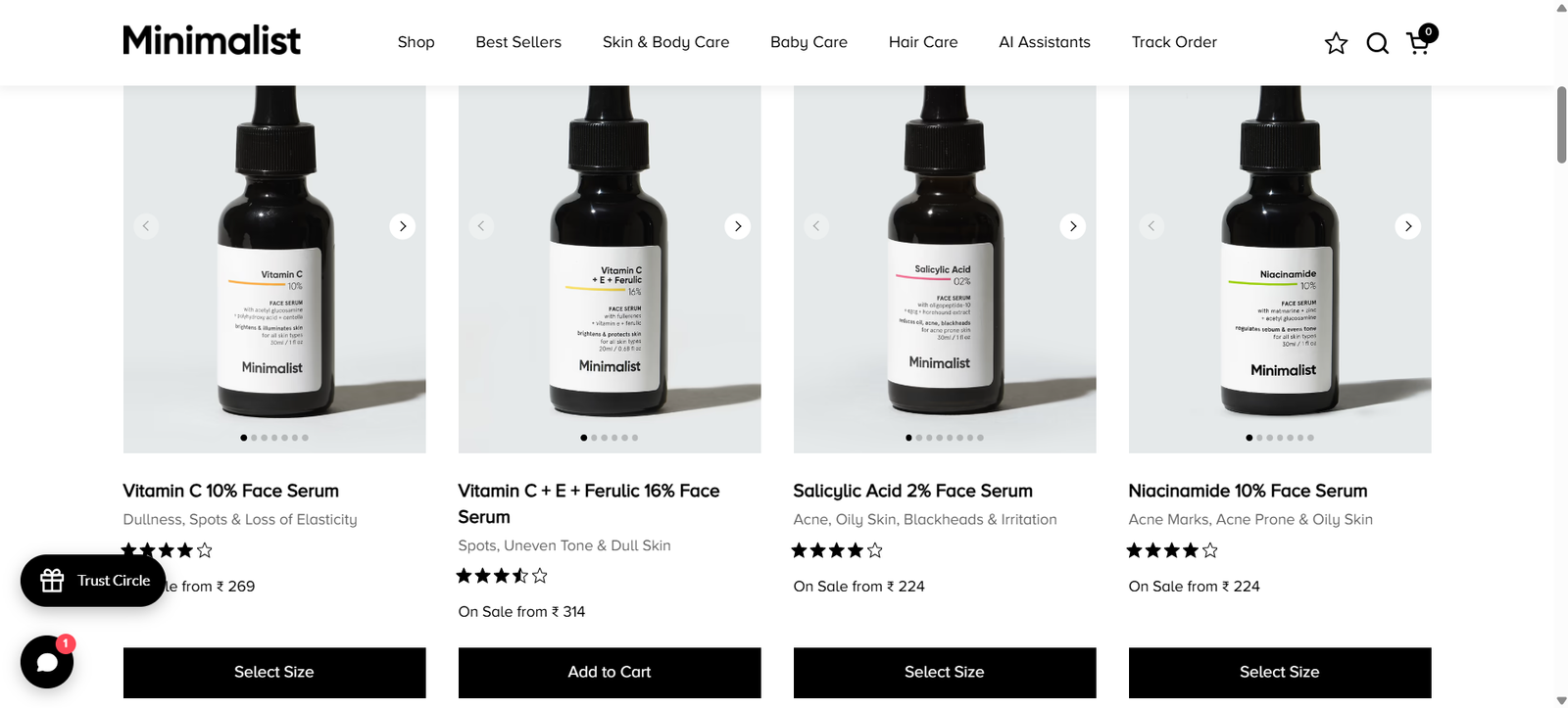 Minimalist product listing showing serums named by active and percentage, such as Vitamin C 10%, Salicylic Acid 2% and Niacinamide 10% Face Serum