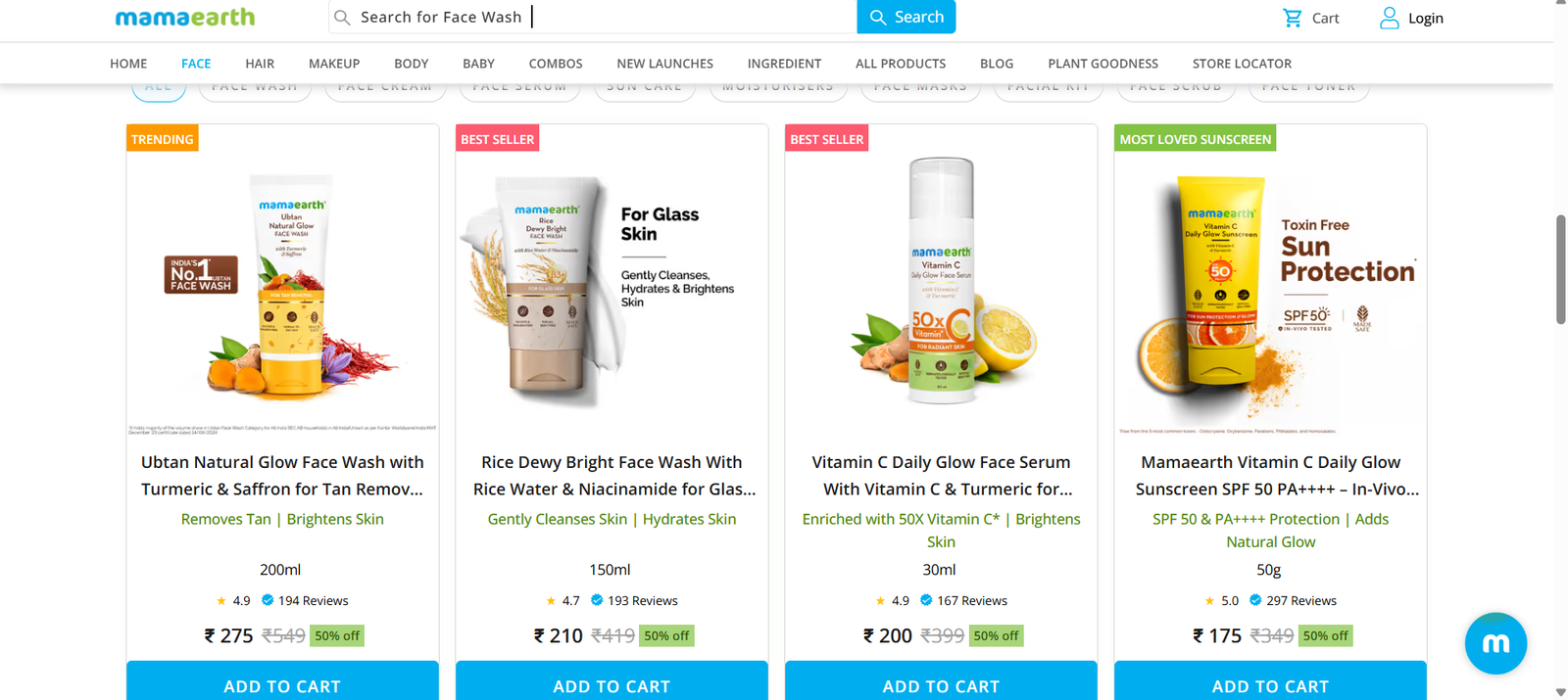 Mamaearth face-care listing showing products named by benefit, such as Ubtan Natural Glow Face Wash and Vitamin C Daily Glow Face Serum