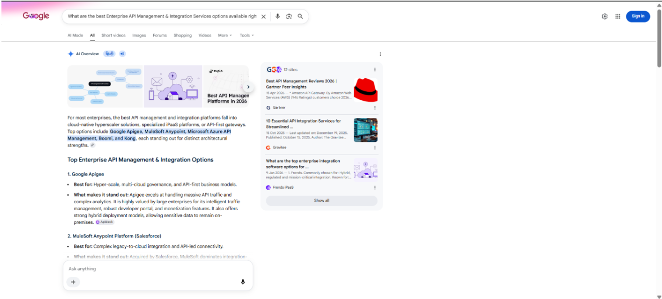 Screenshot of Google's AI Overview listing enterprise API management and integration platforms such as Google Apigee, MuleSoft, Microsoft Azure API Management, Boomi, and Kong, without mentioning Torry Harris Integration Solutions.