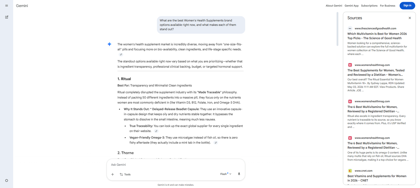 Screenshot of Gemini responding to a category recommendation prompt for the best women's health supplement brands, listing several competing brands while Fembites does not appear among the recommendations.