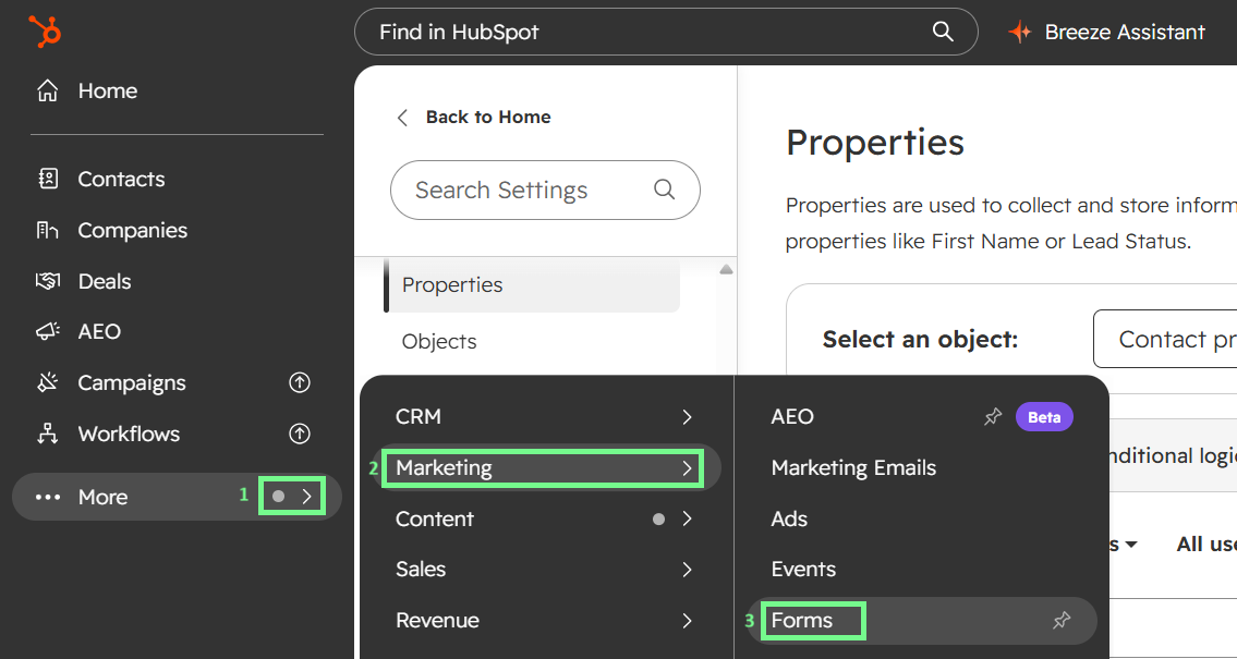 Screenshot of HubSpot navigation showing the More menu expanded with Marketing highlighted, and the Marketing submenu open with Forms highlighted—the three-step navigation path from the left sidebar to the Forms module.