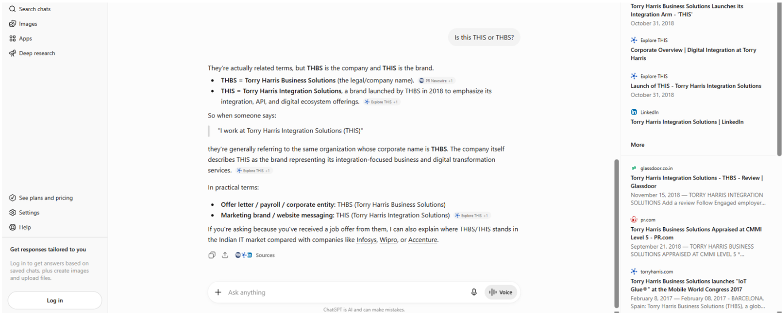 Screenshot of ChatGPT explaining that THBS is the corporate entity and THIS is the integration-focused brand of Torry Harris, clarifying the relationship between the two identities.