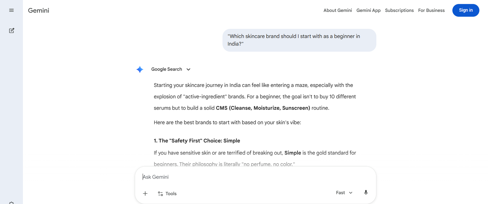 Google Gemini answering the beginner skincare prompt, recommending a cleanse, moisturise, sunscreen routine and naming Simple as the “Safety First” choice