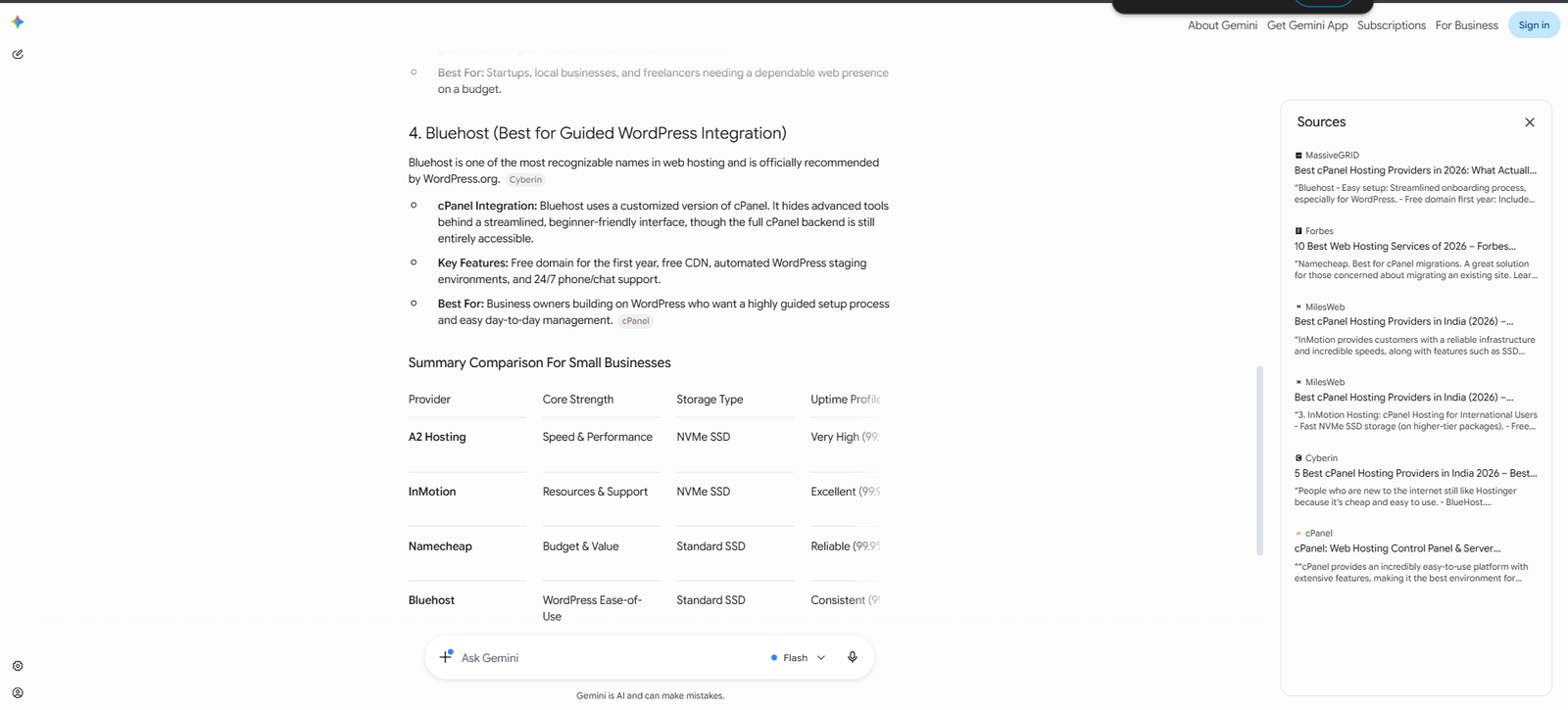 Screenshot of Gemini's recommendations for cPanel hosting solutions for small businesses, showing competitor hosting brands but not Web Host Pro.