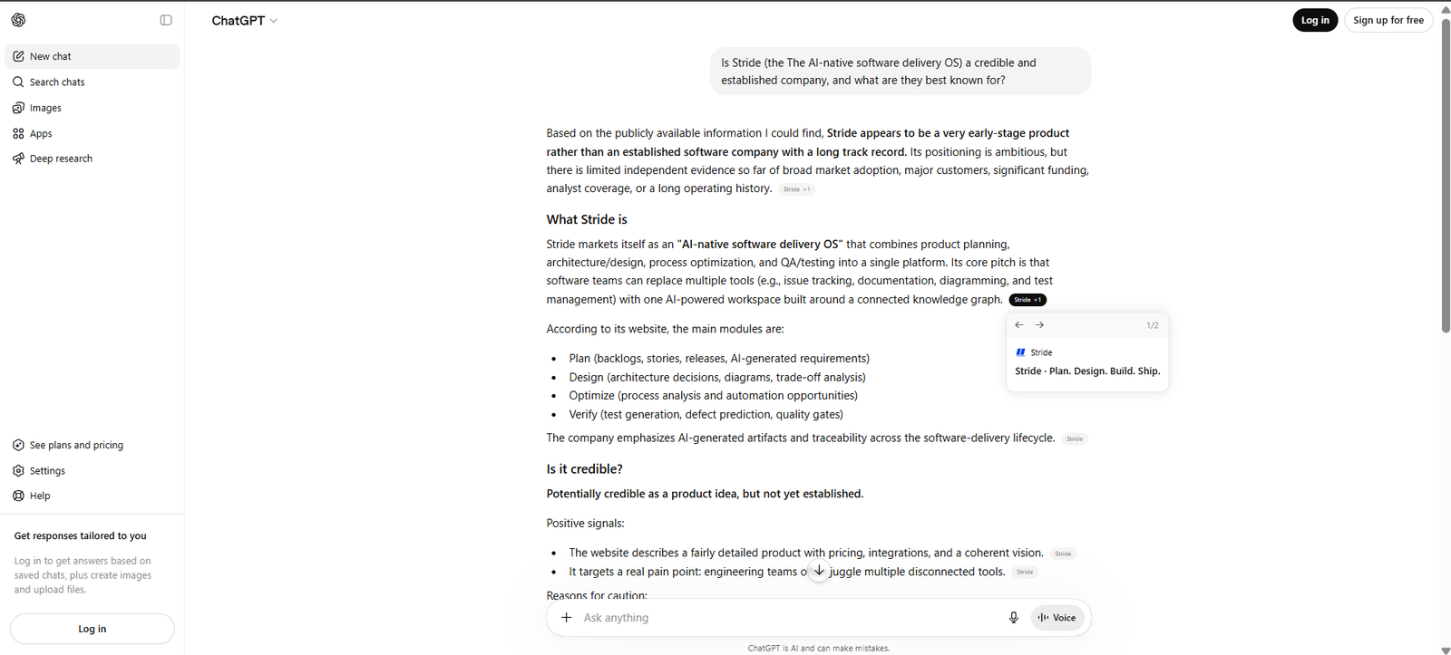 Screenshot of ChatGPT accurately identifying Stride as an AI-native software delivery operating system after the prompt includes the descriptor "The AI-native software delivery OS."