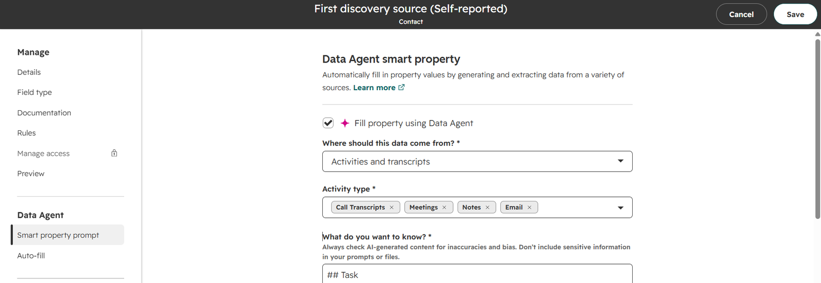 Screenshot of HubSpot Data Agent Smart Property configuration showing settings for auto-filling the "First discovery source (Self-reported)" field from call transcripts, with the "Fill property using Data Agent" checkbox enabled and Activity type set to Call Transcripts.