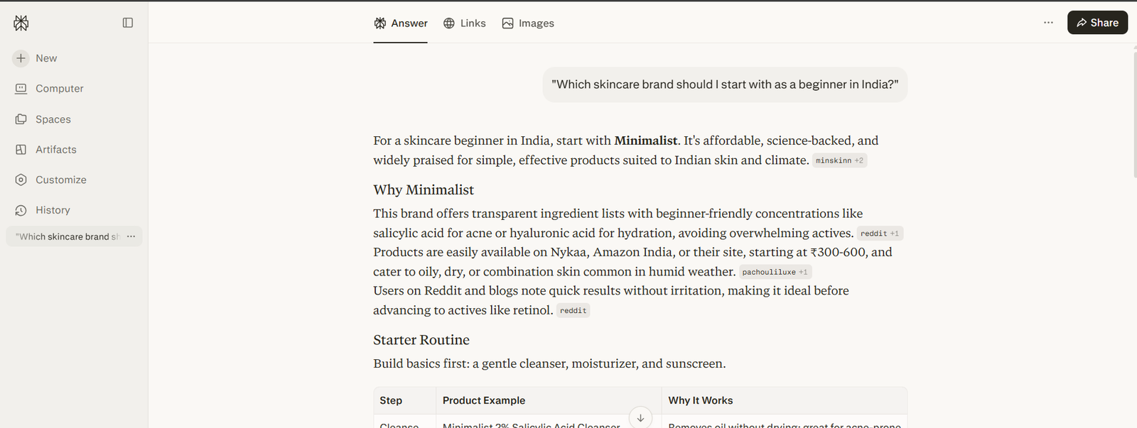 Perplexity answering the beginner skincare prompt by recommending Minimalist, citing Reddit and skincare blogs