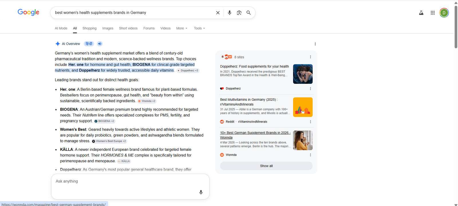 Screenshot of Google's AI Overview for the query "best women's health supplement brands in Germany," showing recommended brands and category information while Fembites does not appear in the generated results.