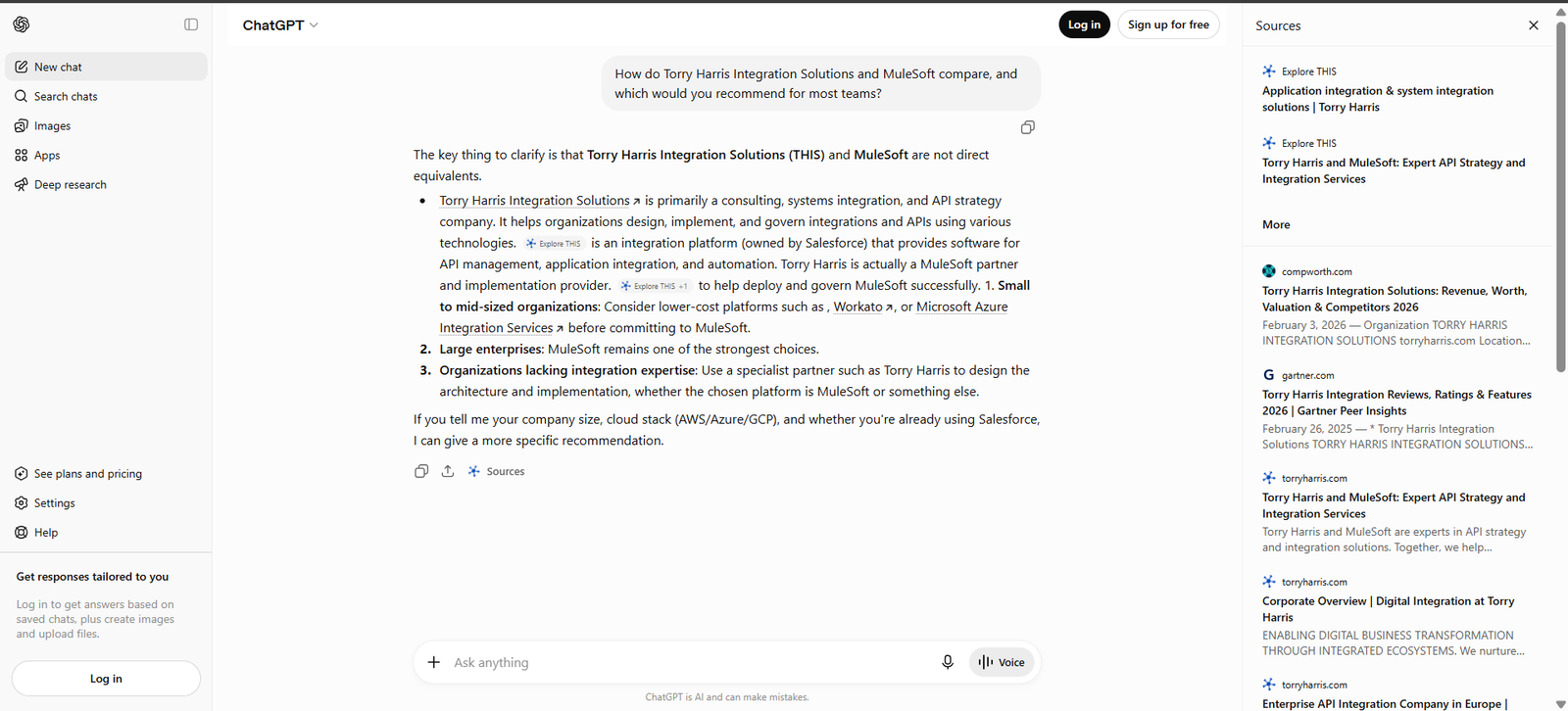 Screenshot of ChatGPT explaining that Torry Harris Integration Solutions and MuleSoft are not direct equivalents, describing Torry Harris as a systems integration partner and MuleSoft as an API integration platform.