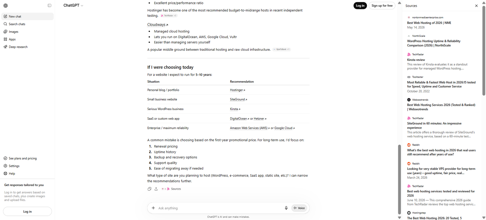 Screenshot of ChatGPT's recommendations for long-term web hosting providers, listing several established brands while excluding Web Host Pro from the suggested options.