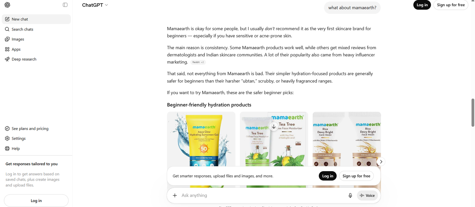 ChatGPT replying to “What about Mamaearth?” that it doesn’t usually recommend Mamaearth as a first brand for beginners, citing mixed reviews