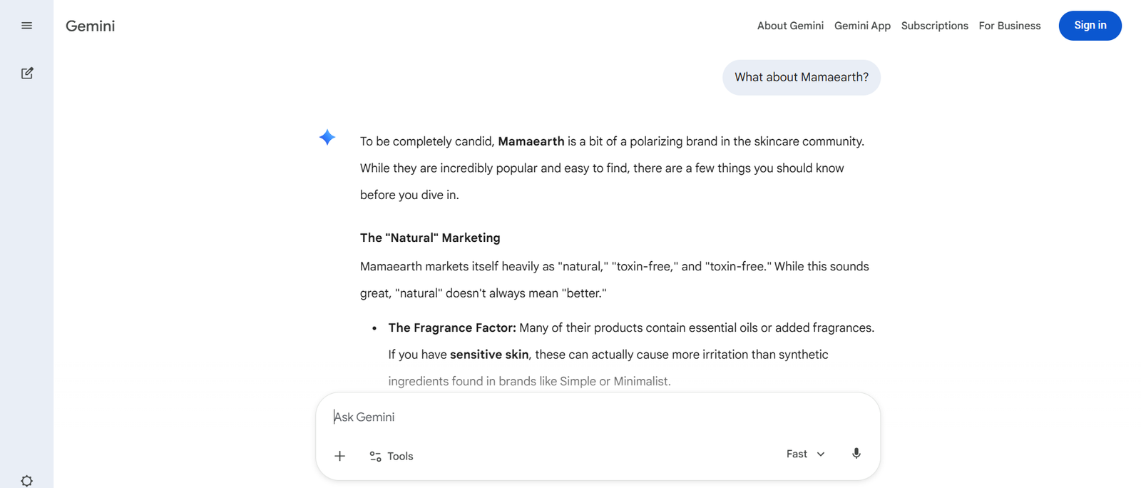 Google Gemini replying to “What about Mamaearth?” by calling it a polarising brand and questioning its “natural” and fragrance-heavy formulations