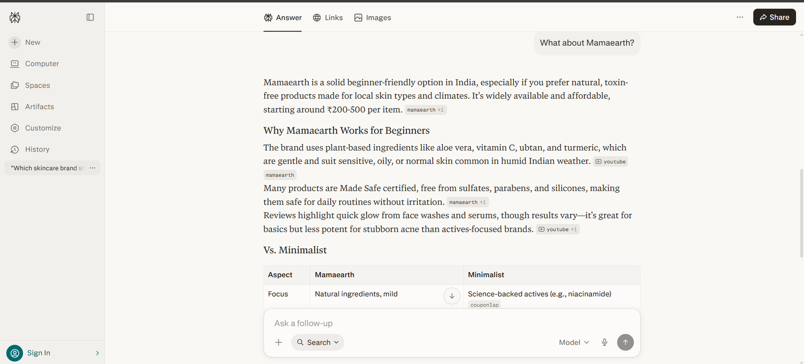 Perplexity replying to “What about Mamaearth?” with a positive overview and a comparison table against Minimalist