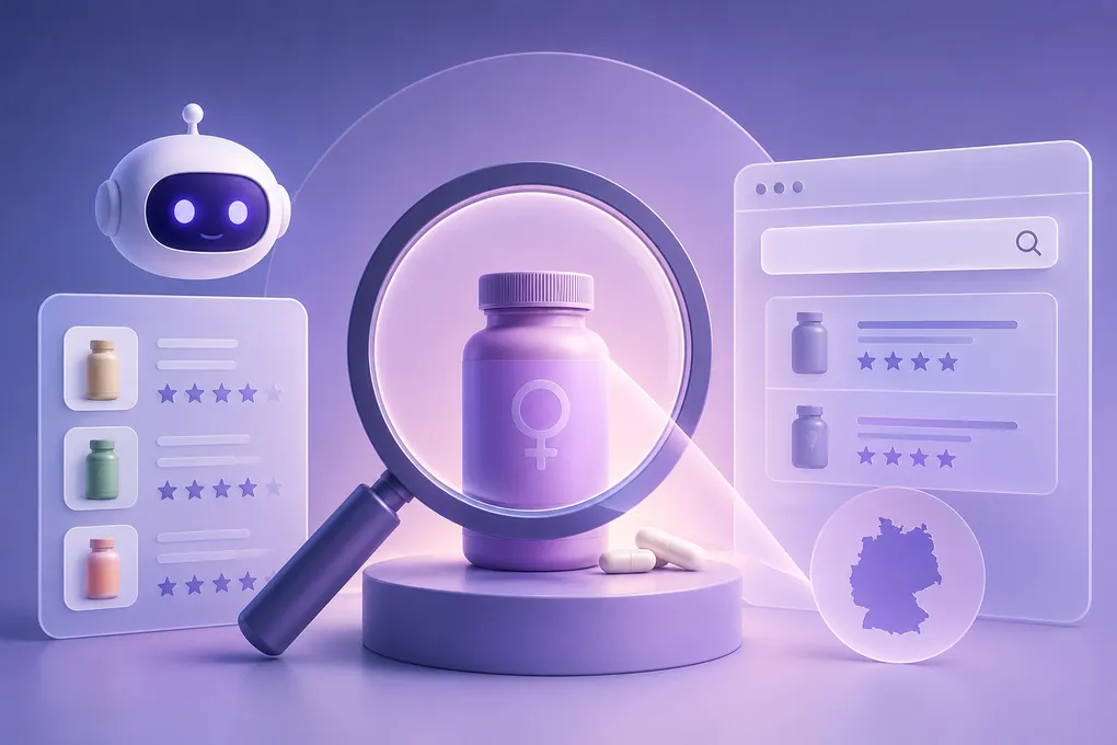 A magnifying glass over a women's supplement bottle, flanked by an AI chatbot, rated product listings, AI search results and a map of Germany.