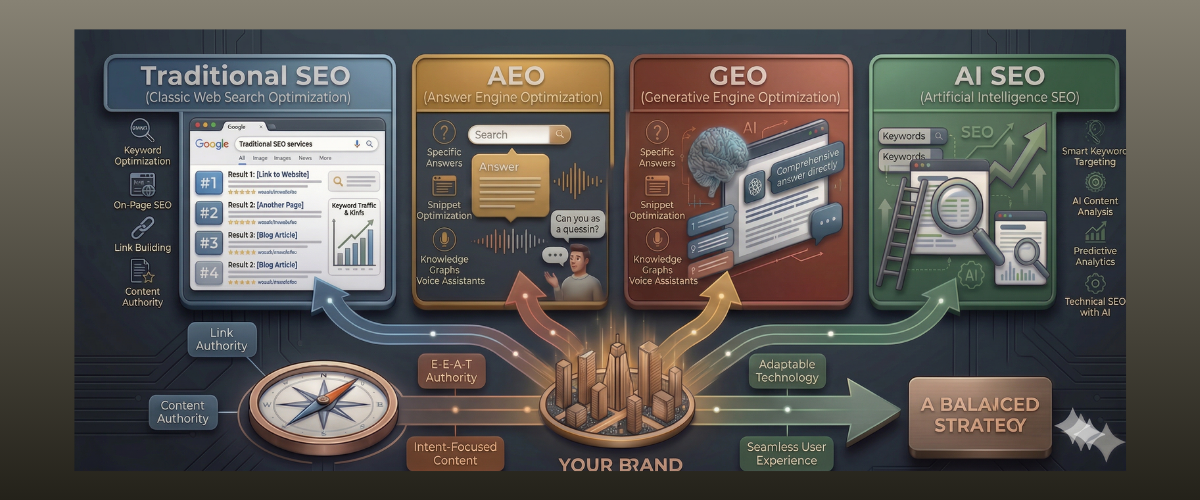 Four panels comparing Traditional SEO, AEO, GEO and AI SEO, with arrows from "Your Brand" converging on a balanced strategy.