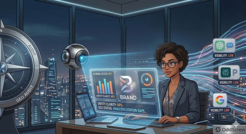 A marketer reviews a GEO audit dashboard showing AI crawl access, entity clarity and citation gaps, beside ChatGPT, Perplexity and Google panels each marked "Visibility: Low."