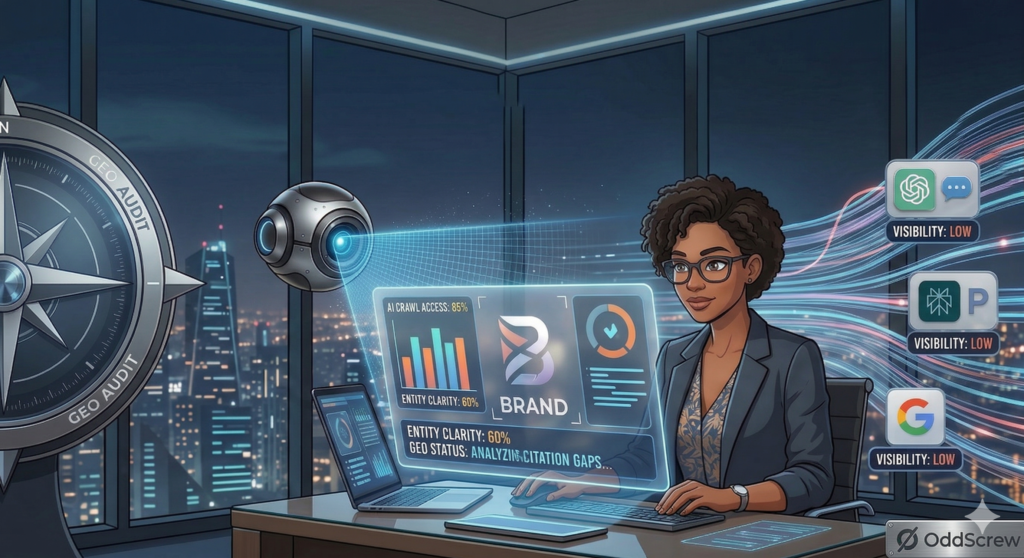 A marketer reviews a GEO audit dashboard showing AI crawl access, entity clarity and citation gaps, beside ChatGPT, Perplexity and Google panels each marked "Visibility: Low."