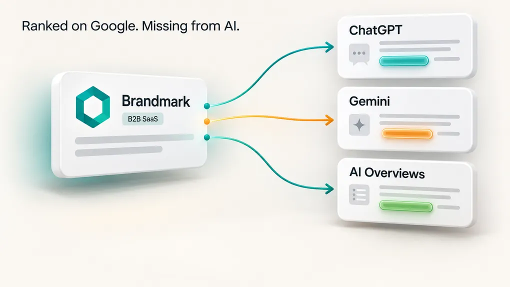 A B2B SaaS brand card connected to ChatGPT, Gemini and AI Overviews panels, captioned "Ranked on Google. Missing from AI."