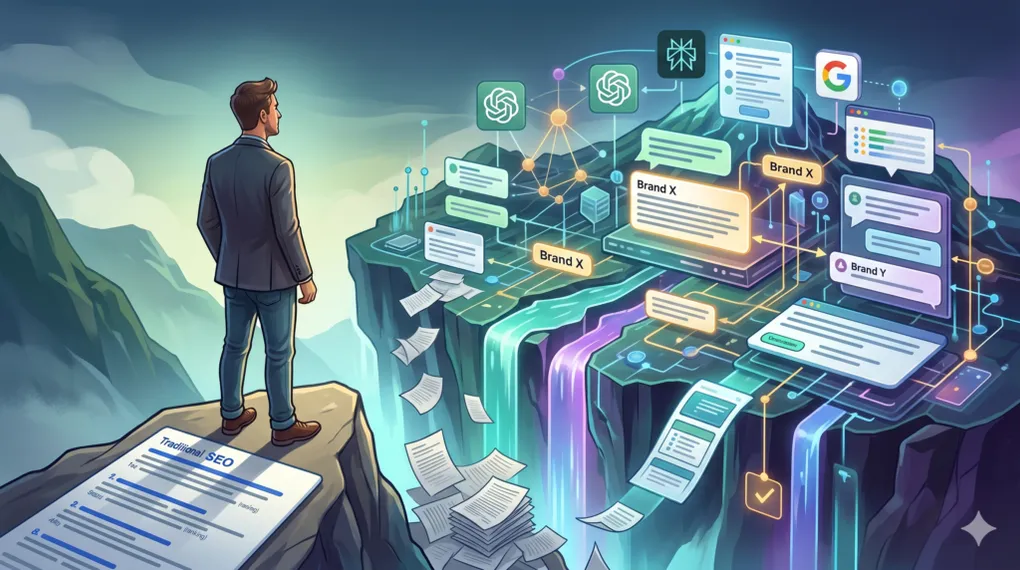 A marketer holding a traditional SEO report stands on a cliff edge, looking across a gap at AI answer engines like ChatGPT, Perplexity and Google recommending Brand X and Brand Y.