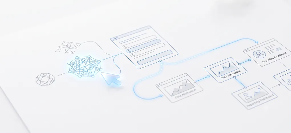 Editorial illustration showing the flow of self-reported attribution data—an entity network on the left connects through a form intake to a data attribution card and a reporting dashboard, with a small physical screw in the top-right corner as a subtle brand mark.