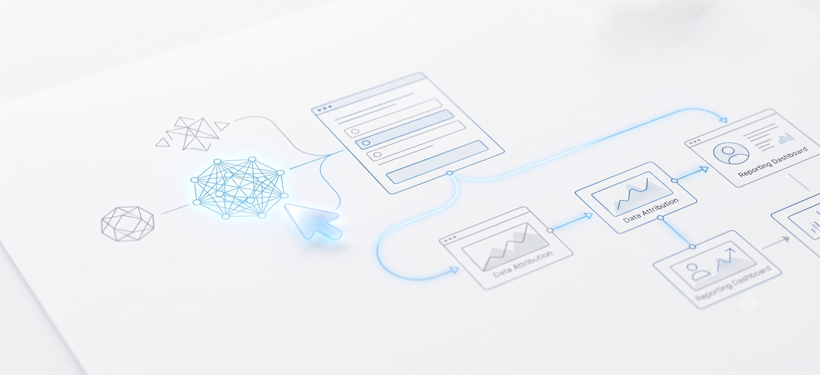 Editorial illustration showing the flow of self-reported attribution data—an entity network on the left connects through a form intake to a data attribution card and a reporting dashboard, with a small physical screw in the top-right corner as a subtle brand mark.