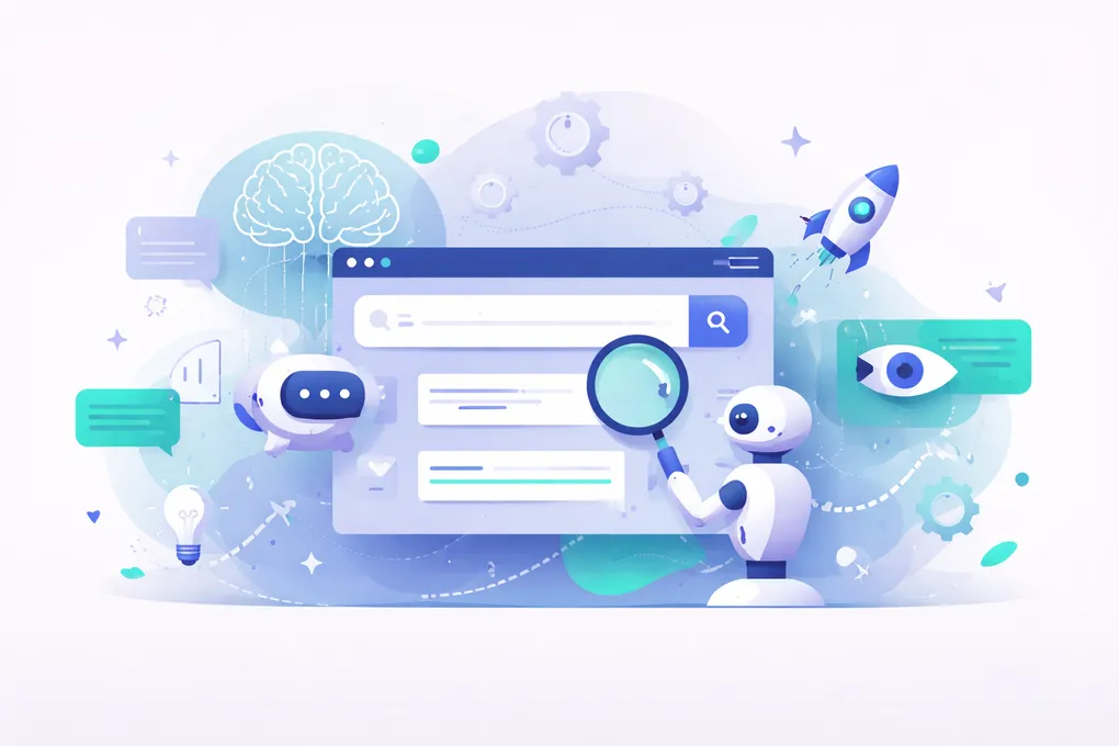 Illustration of a robot inspecting an AI search interface with a magnifying glass, surrounded by a brain, chat bubbles, a rocket and an eye icon representing generative engine optimization.