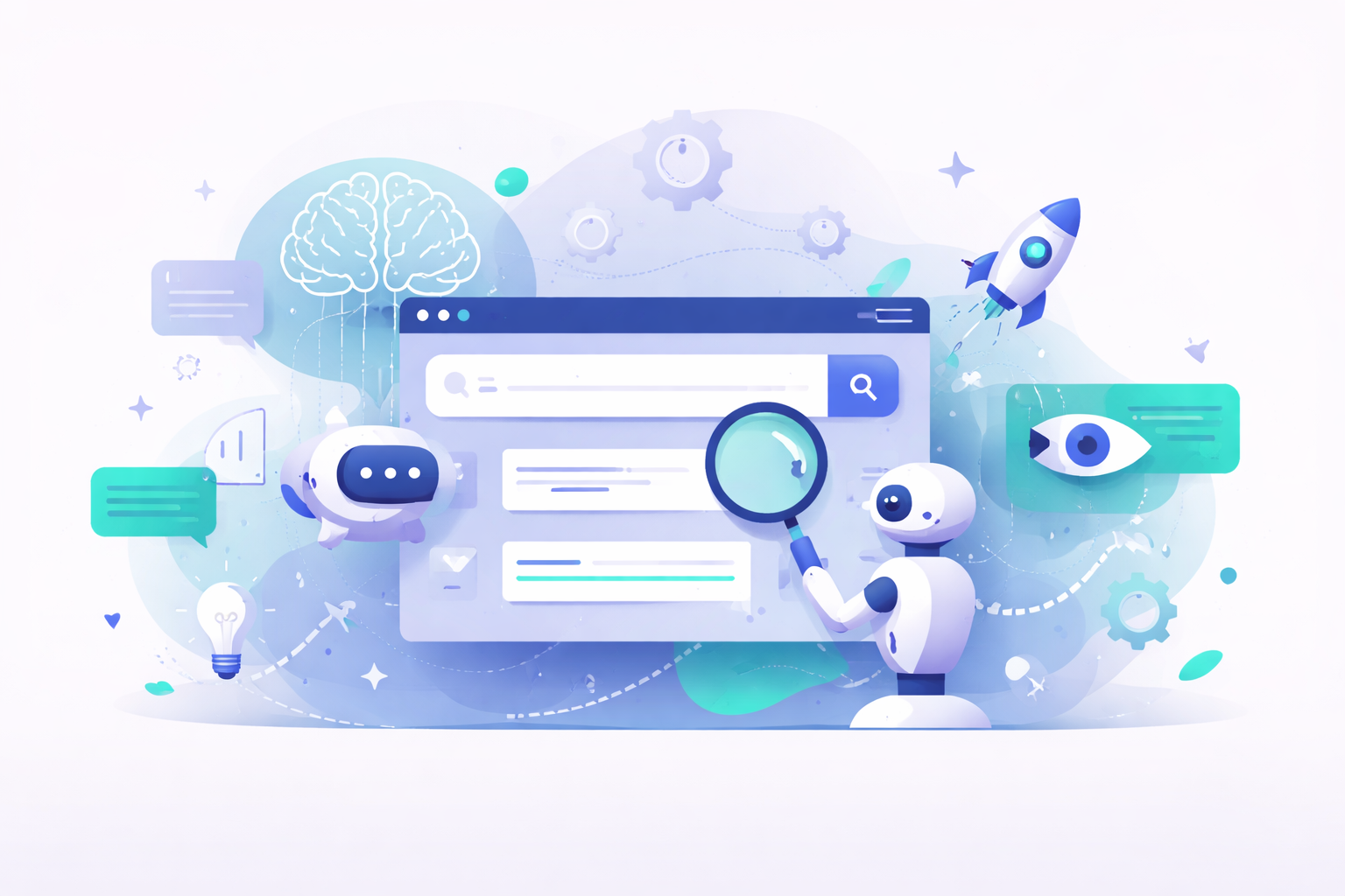 Illustration of a robot inspecting an AI search interface with a magnifying glass, surrounded by a brain, chat bubbles, a rocket and an eye icon representing generative engine optimization.