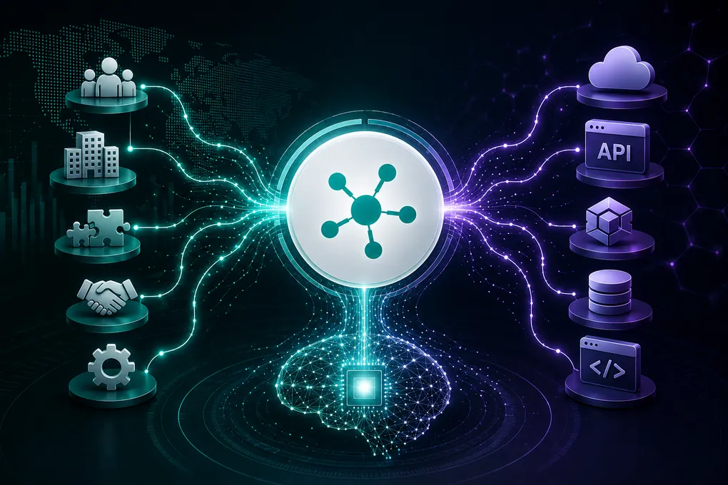 A central network hub linking business capability icons on the left to technology icons such as cloud, API, database and code on the right, above an AI brain.