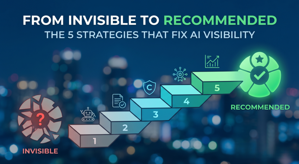 Five numbered steps climbing from "Invisible" to "Recommended," titled "From Invisible to Recommended: The 5 Strategies That Fix AI Visibility."