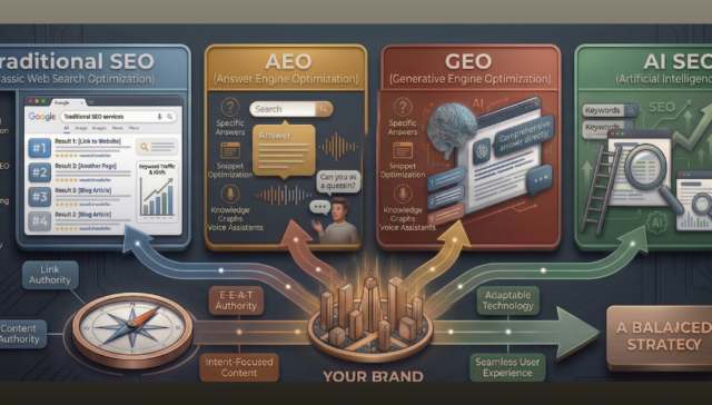 Diagram comparing Traditional SEO, AEO, GEO, and AI SEO in the modern search visibility hierarchy