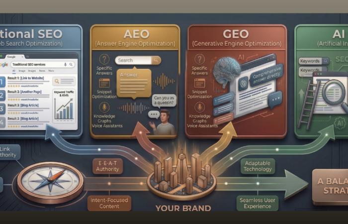 Diagram comparing Traditional SEO, AEO, GEO, and AI SEO in the modern search visibility hierarchy