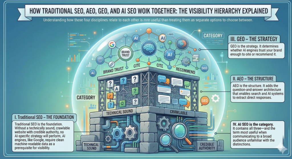 Diagram of Traditional SEO vs AEO vs GEO vs AI SEO showing how each layer contributes to AI search visibility, from technical foundation to AI-driven recommendations.