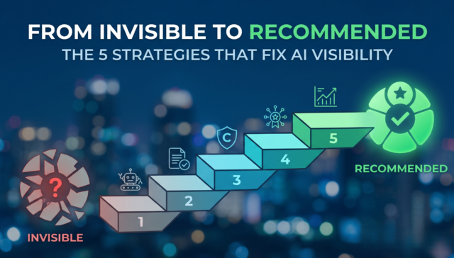 Illustration of a GEO strategy framework highlighting key steps to improve AI visibility, including crawlability, content optimization, entity consistency, and earned media signals.