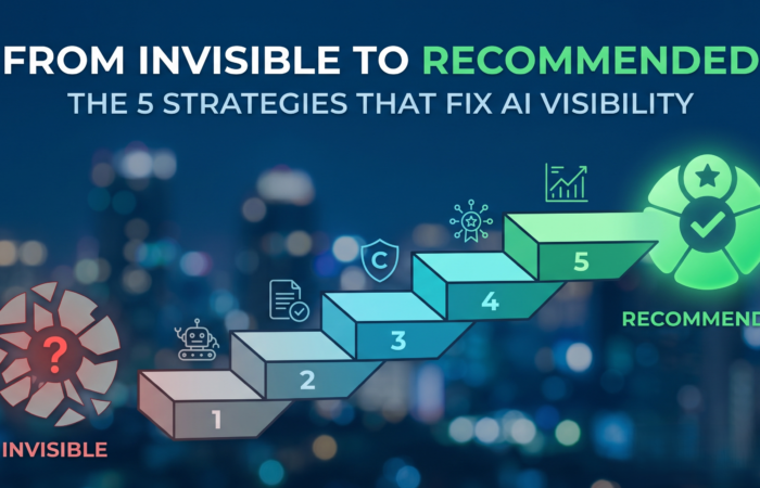 Why Your Brand Isn't Showing Up in AI Search—And 5 Strategies to Fix It 9 Illustration of a GEO strategy framework highlighting key steps to improve AI visibility, including crawlability, content optimization, entity consistency, and earned media signals.