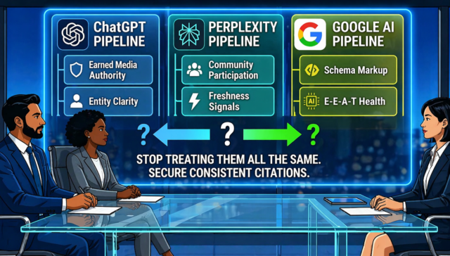 Comparison of ChatGPT, Perplexity and Google AI Overview pipelines showing how each platform selects and cites content differently