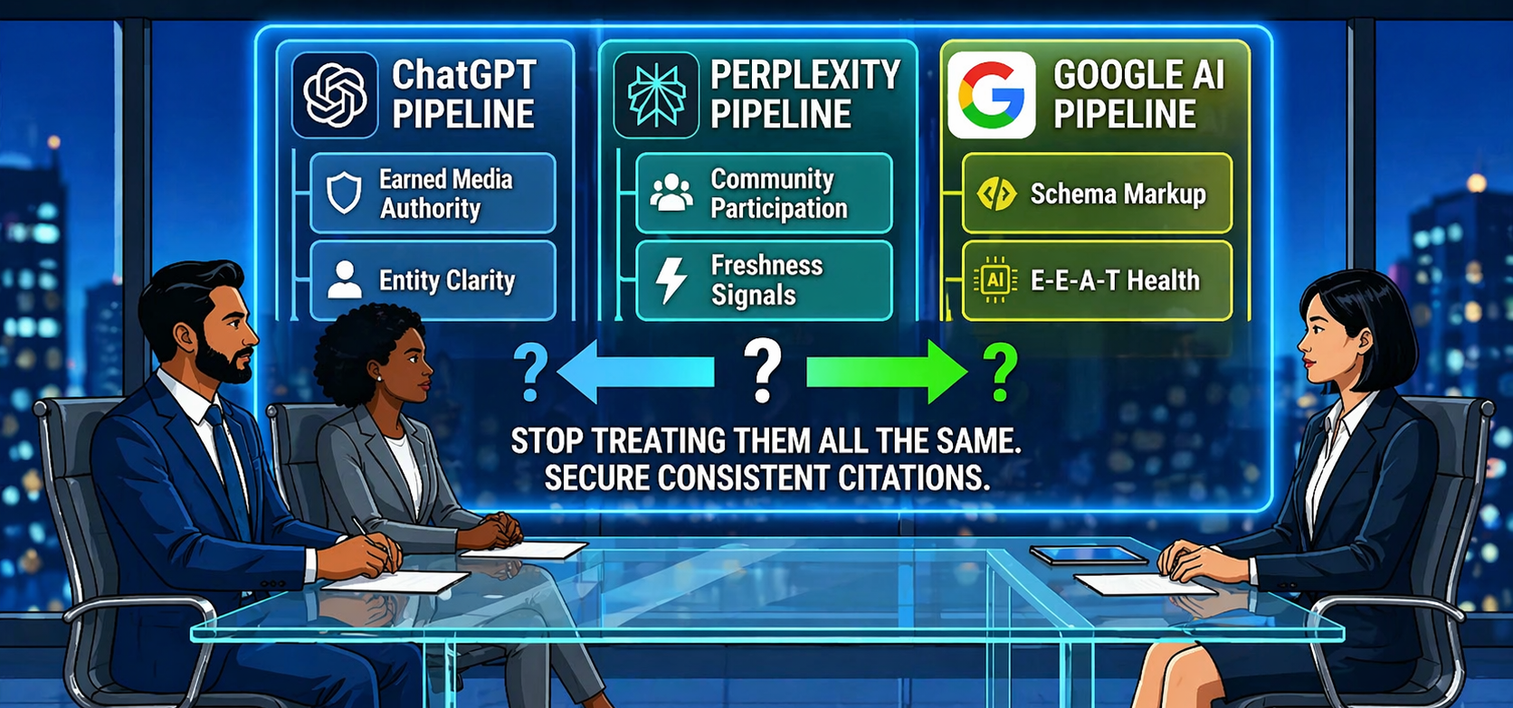 Comparison of ChatGPT, Perplexity and Google AI Overview pipelines showing how each platform selects and cites content differently