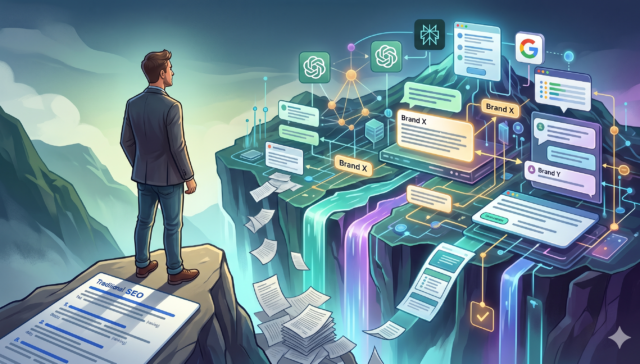 Illustration of a business owner standing on traditional SEO rankings while AI search platforms like ChatGPT and Google generate results across a gap, highlighting the difference between SEO and AI visibility.