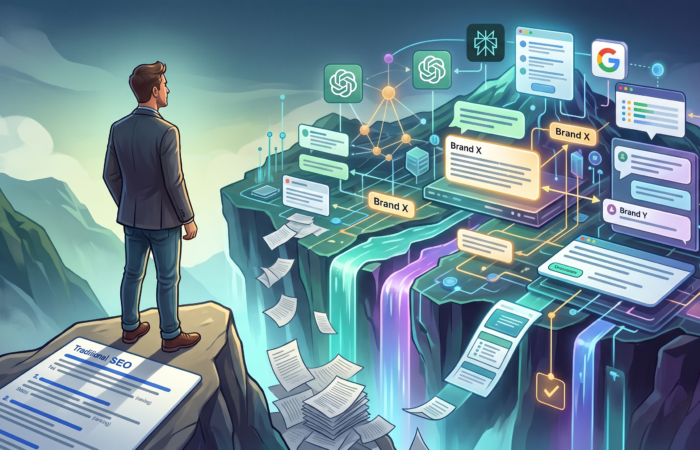 Illustration of a business owner standing on traditional SEO rankings while AI search platforms like ChatGPT and Google generate results across a gap, highlighting the difference between SEO and AI visibility.
