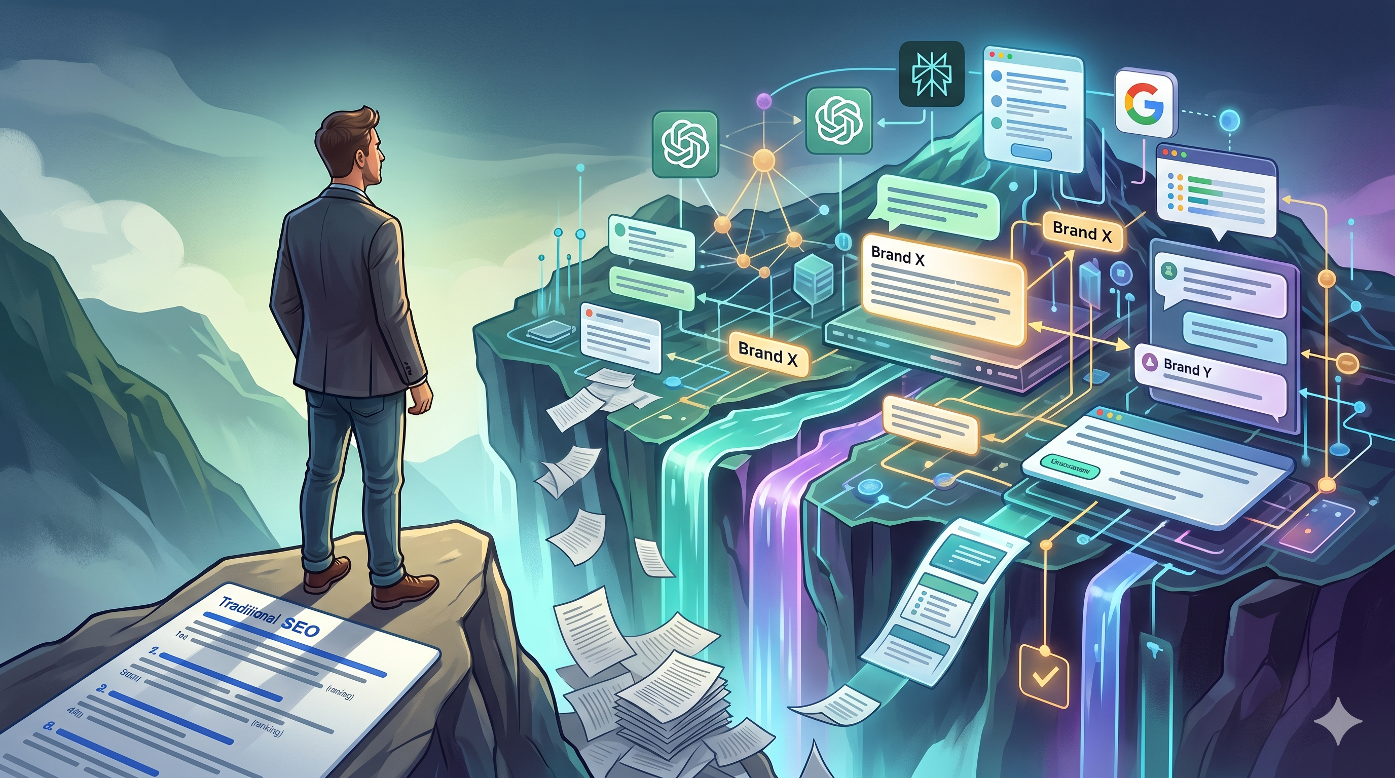 Illustration of a business owner standing on traditional SEO rankings while AI search platforms like ChatGPT and Google generate results across a gap, highlighting the difference between SEO and AI visibility.