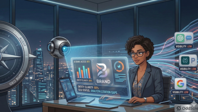Diagram illustrating a GEO visibility audit across AI search platforms, including crawlability, content readiness, authority signals, and citation gaps.