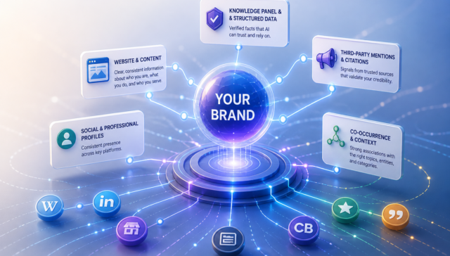 Illustration of a central brand node connected to website content, structured data, social profiles, and third-party mentions representing entity SEO and AI understanding